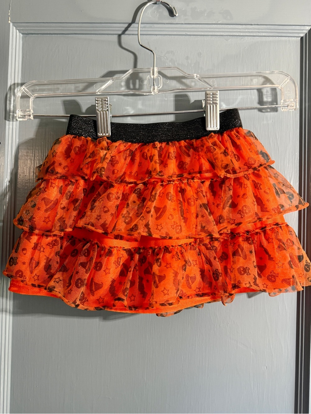 Girls' Orange Halloween Layered Ruffle Skirt with Black Elastic Waistband